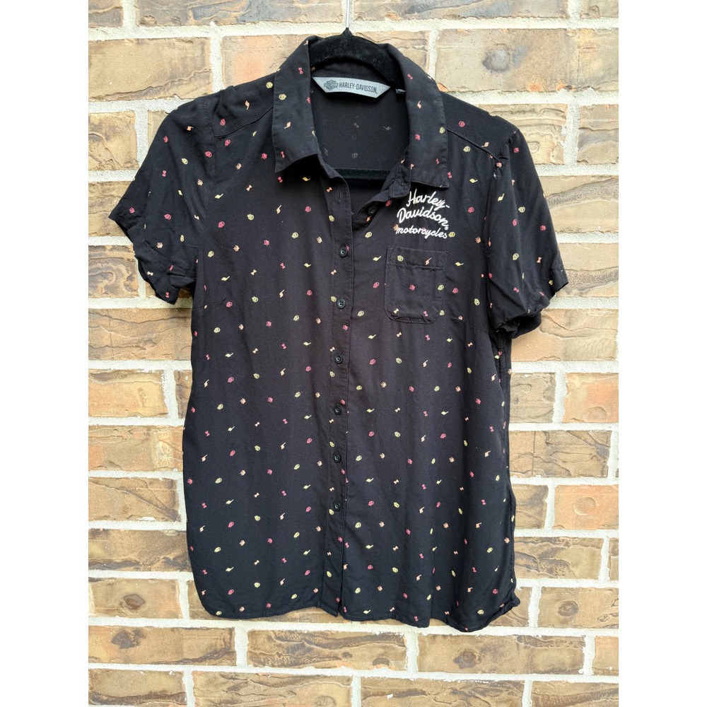 Harley-Davidson Womens Black Rayon Skull Print‎ Button Up Shirt Small 96348-20VW
